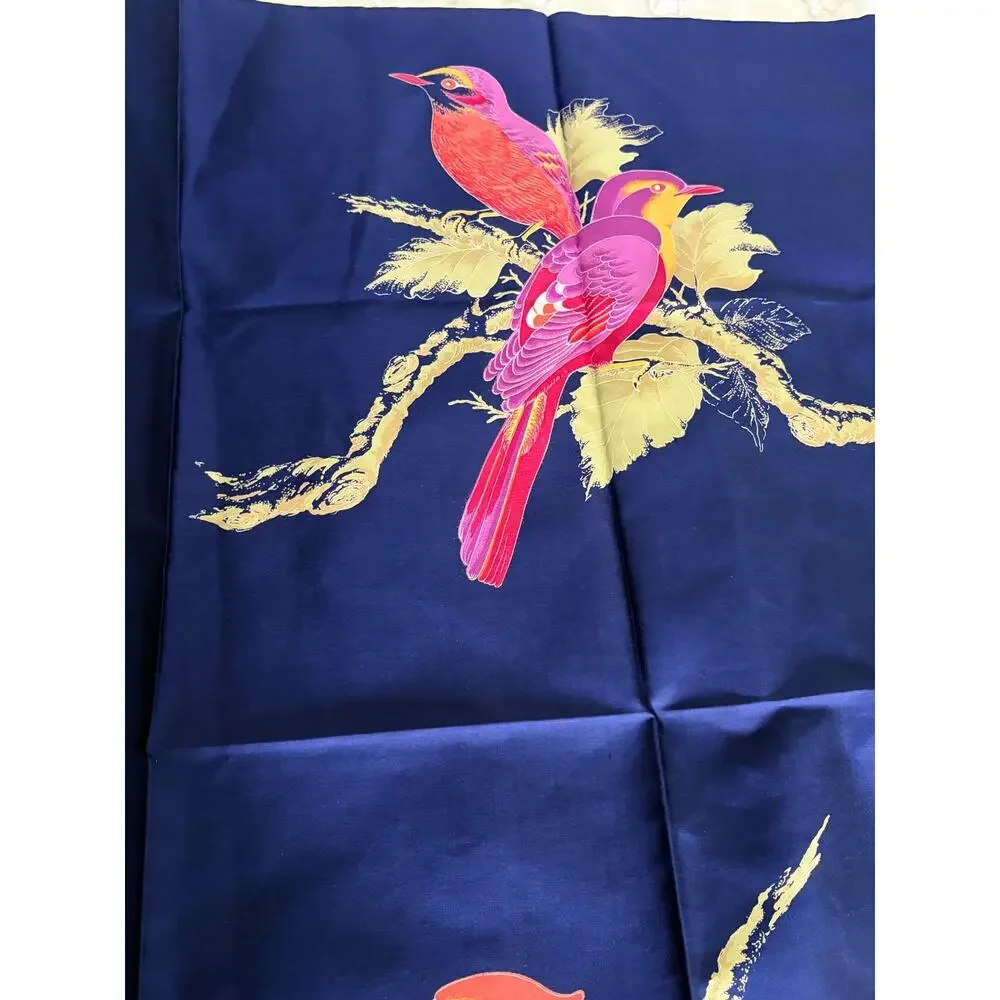 Vintage Silk Suzanne Collection Thai Silk Bird Scarf Navy Tropical Print 35”